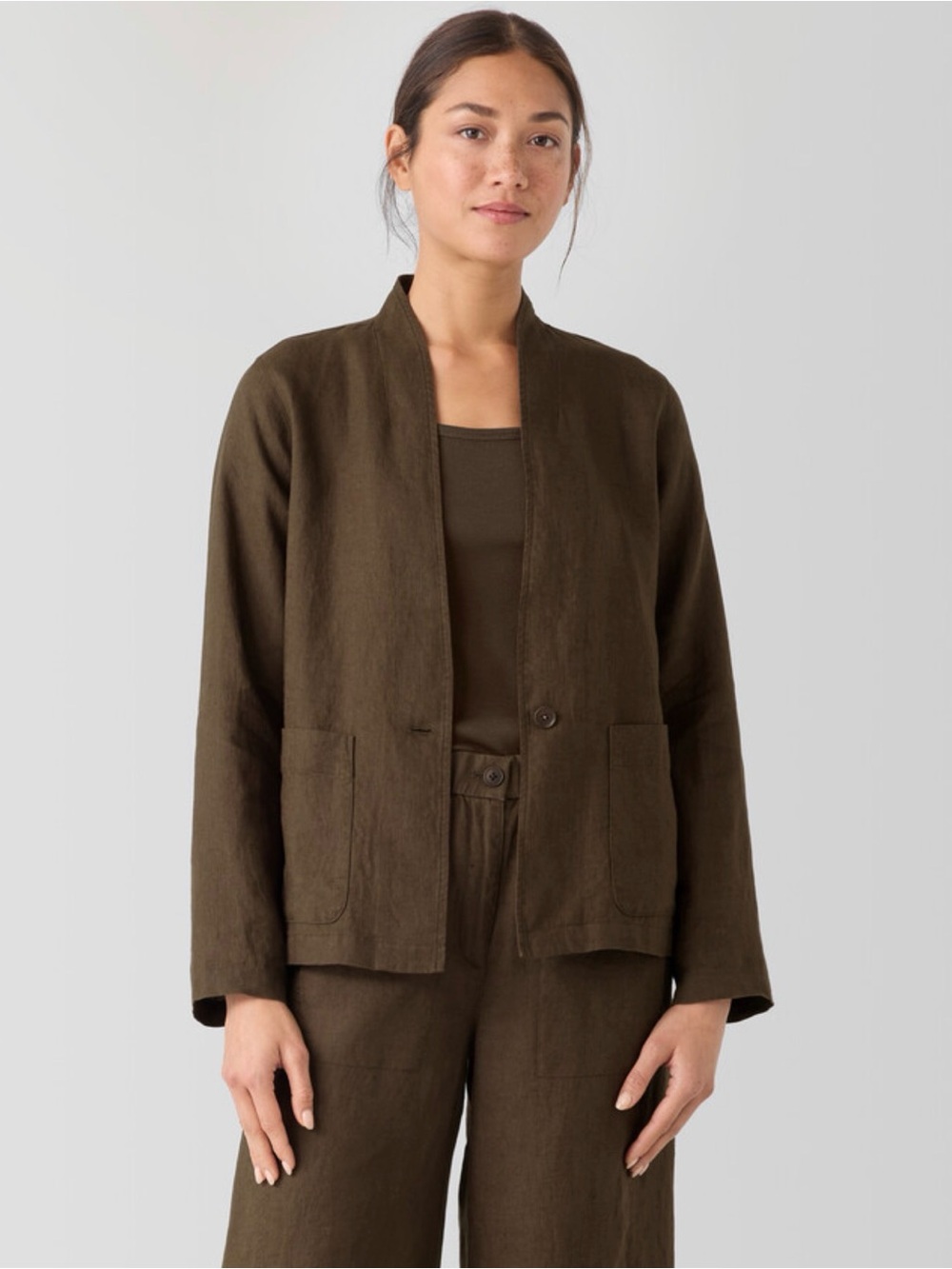 Eileen Fisher 100% Organic Linen High Collar open front Jacket blazer NEW